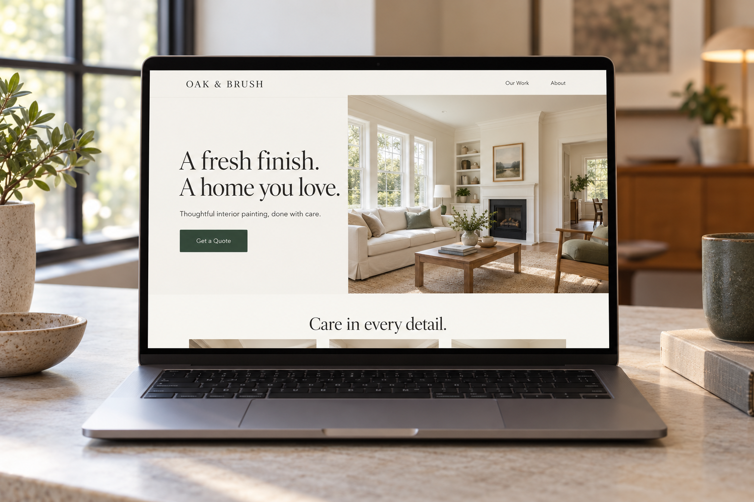 Elegant simple one-page painting company website on a laptop